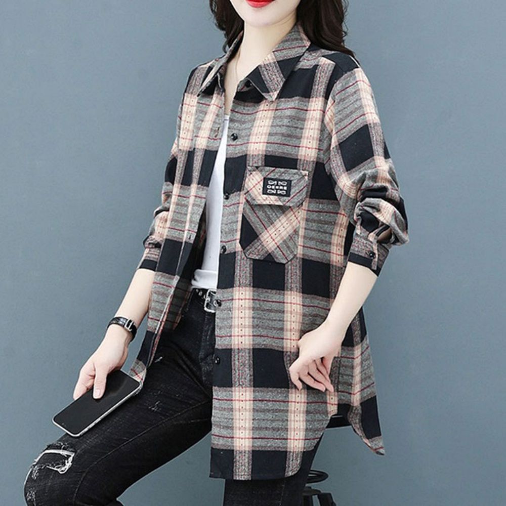 여성 봄 간절기 포켓 포인트 체크 카라 셔츠