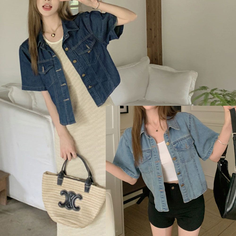 세미 크롭 데님 반팔 자켓 캐주얼 꾸안꾸 청자켓