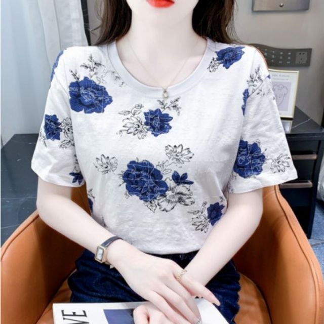 블루장미 입체 지도 기본 패턴 데이 라운드 반팔 티셔