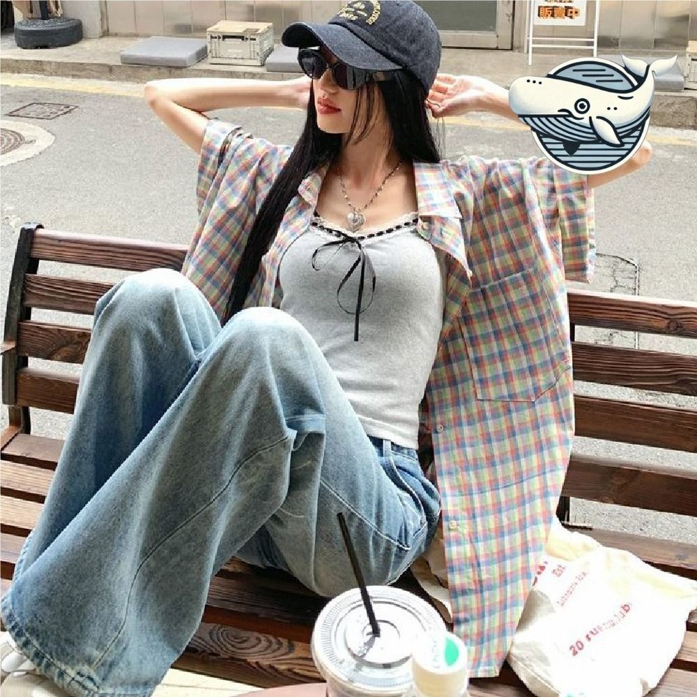 여름 체크 패턴 반팔 셔츠 여성용 포켓 티셔츠