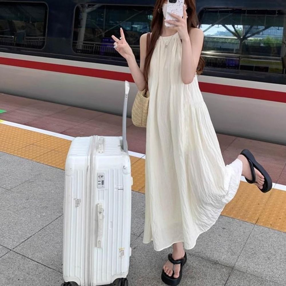 꼬임 가볍고 시원한 여성 민소매 롱 원피스