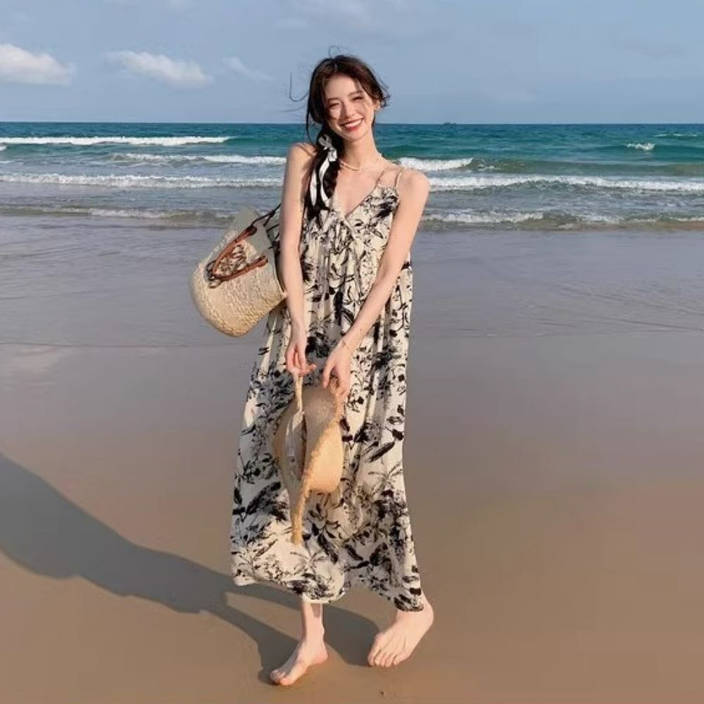 여자 예쁜 수묵화 플라워 여름 끈나시 롱원피스