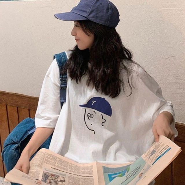 오버핏 반팔 프린팅 기본 티셔츠 데이 얼굴 여성 박스