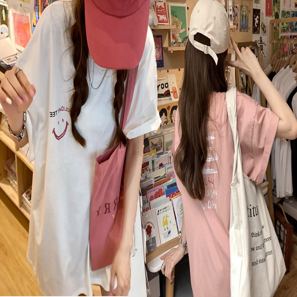 여성 오버핏 반팔 티셔츠 라운드넥 프린팅 반팔티