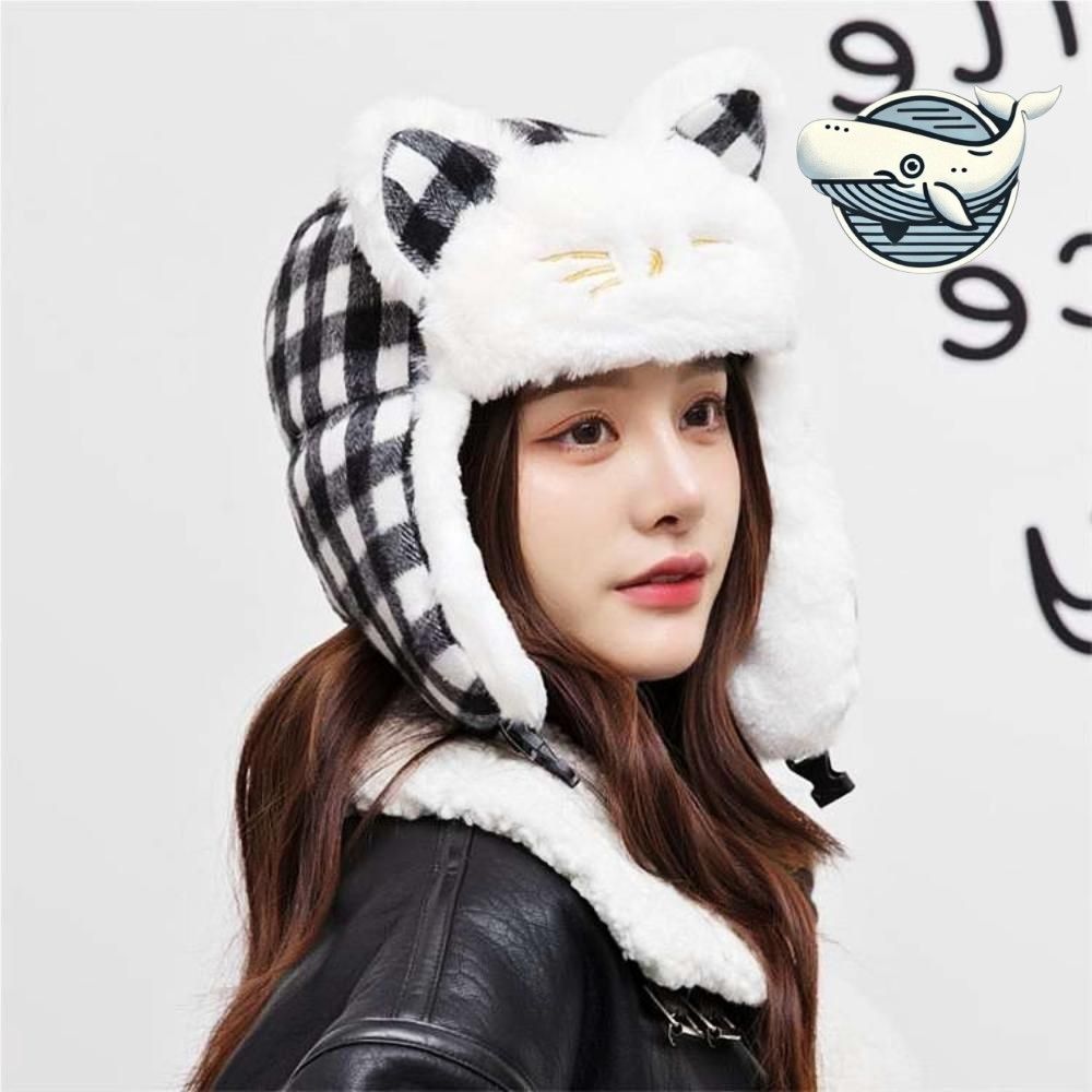 둥글고 귀여운 고양이 체크 모자 따뜻한 플리스