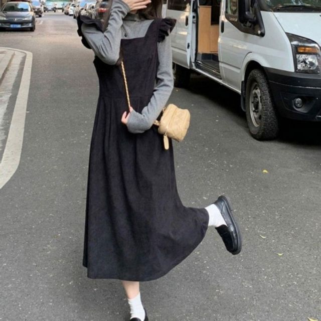 뷔스티에 코듀로이 원피스 기본 어깨프릴 데이 A라인