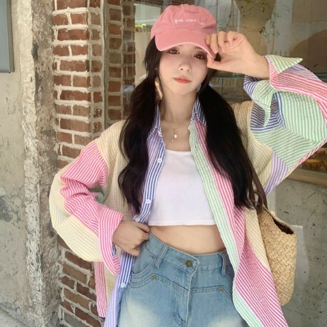 상큼한 꾸안꾸룩 파스텔 스트라이프 오버핏 셔츠