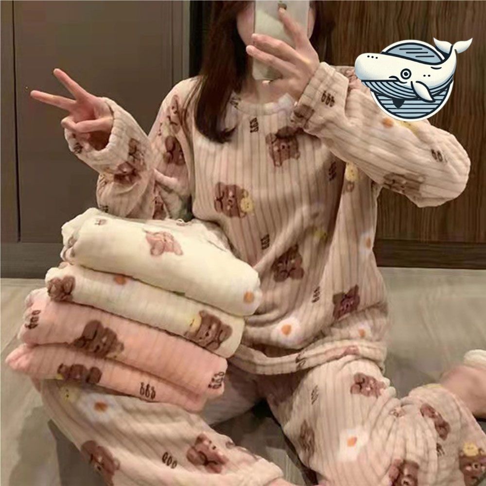 부드러운 곰돌이 패턴 잠옷 세트 아늑한 극세사
