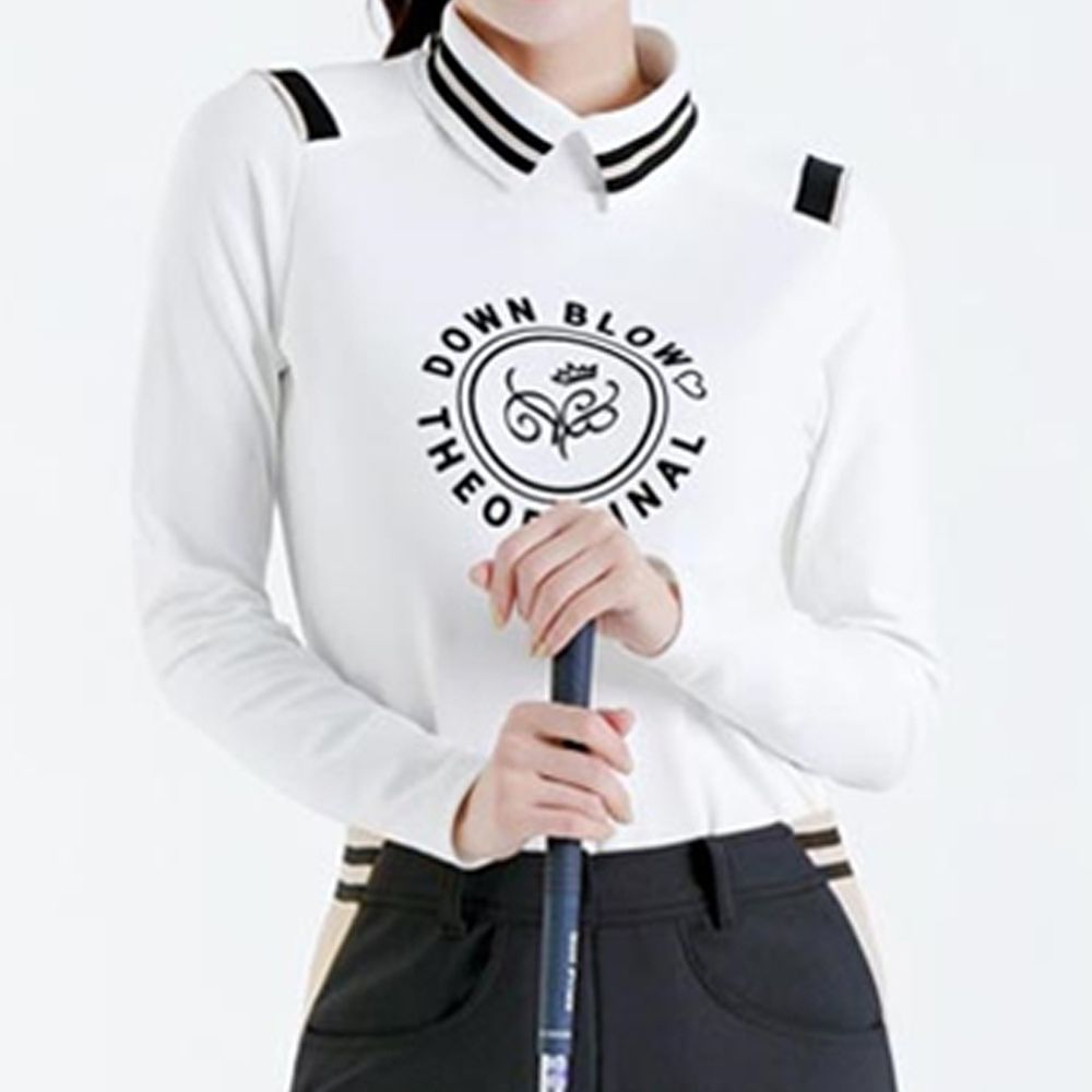 여자 골프 기모티 카라있는 긴팔티 흰색 컬러 배색