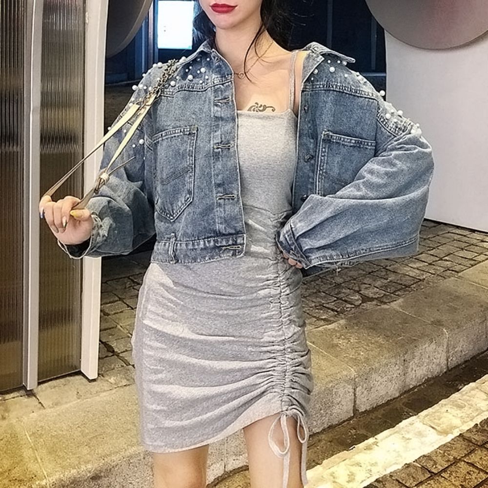 여성 가을 크롭 진주 데님 미니 숏 워싱 청 자켓