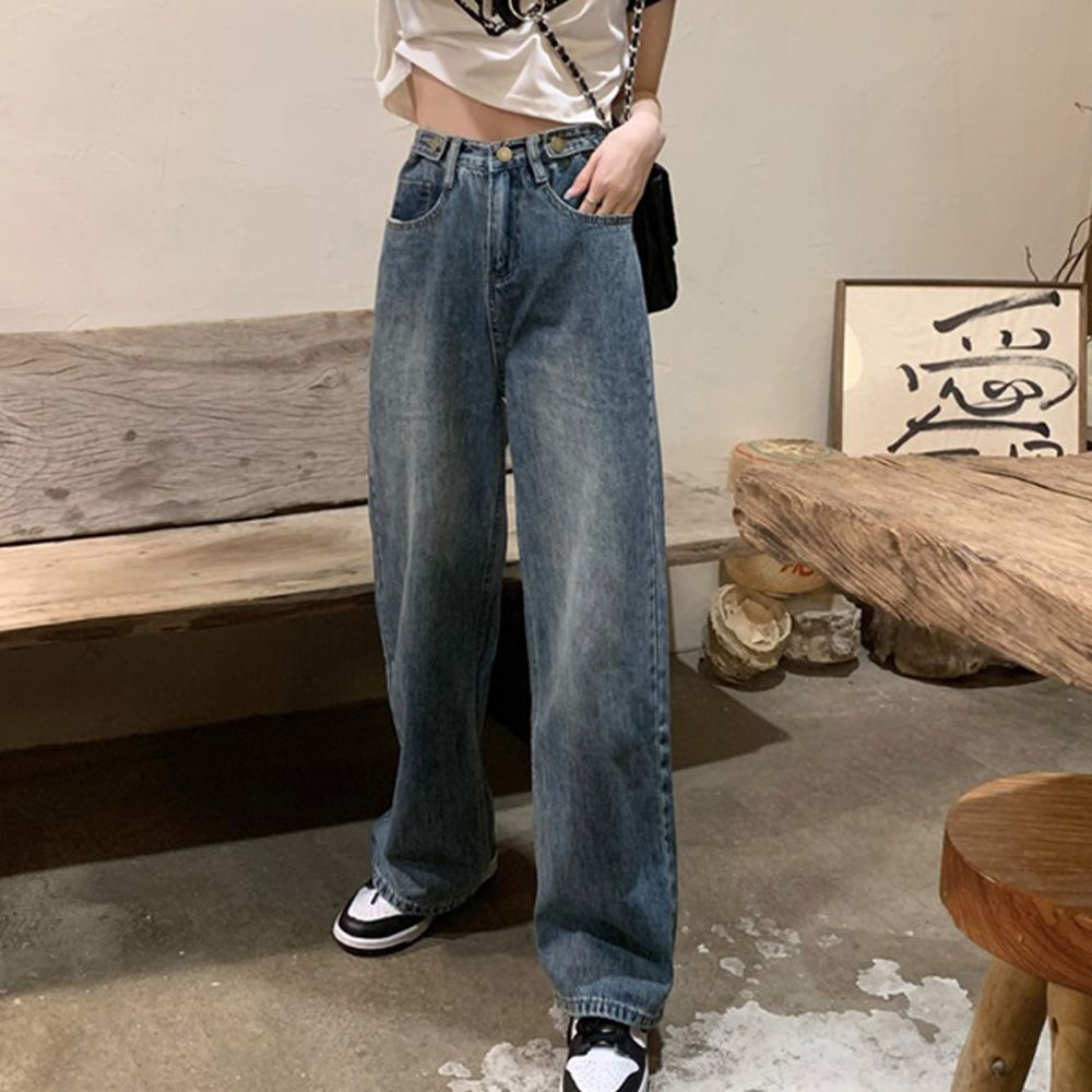 여자 빈티지 중청 하이웨스트 청바지 와이드 데님팬츠