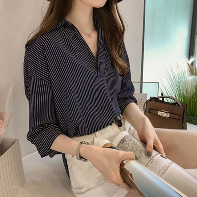X 카라 반오픈 셀러허브 5부 세로 줄무늬 하