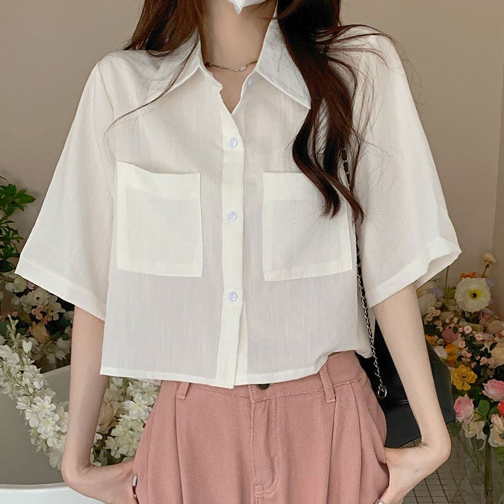루즈핏 린넨 카라 셔츠 반팔 캐주얼 크롭 데이트룩