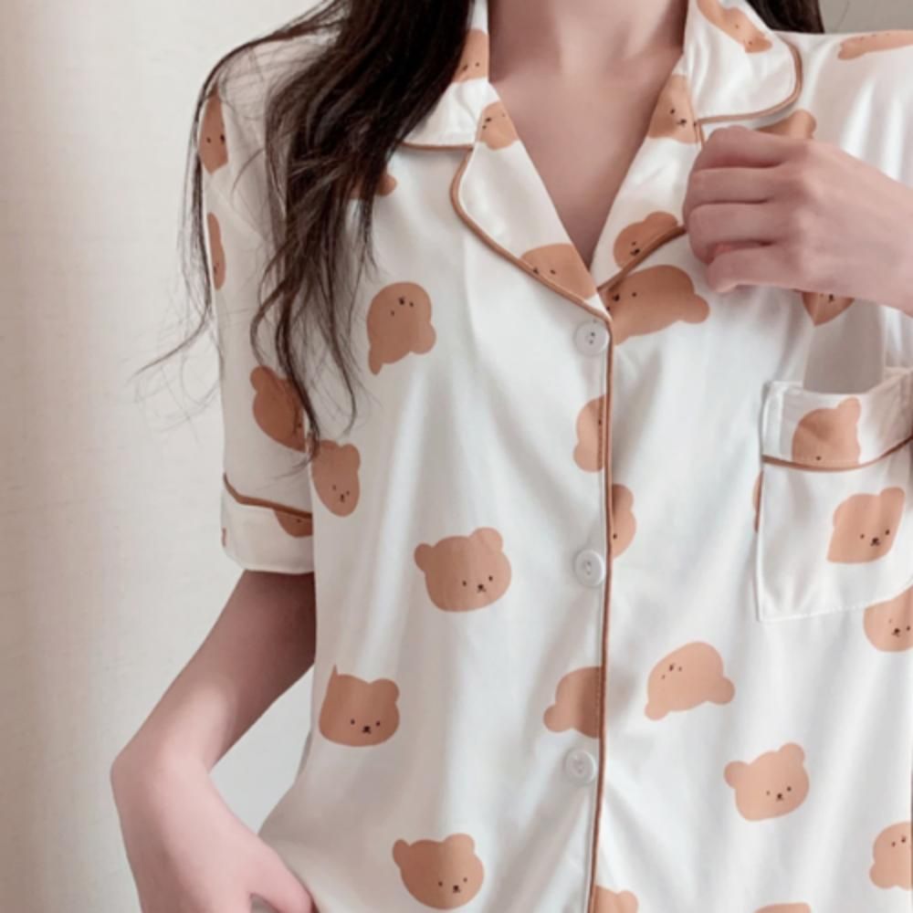 예쁜 파자마 여름 잠옷 여성 2p 차콜곰 크림곰