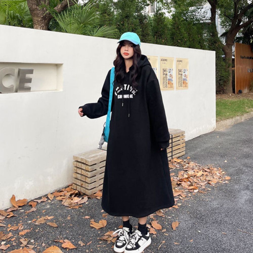 프린팅 후드 기모 트렌드 롱원피스 1P 데일리 데일리