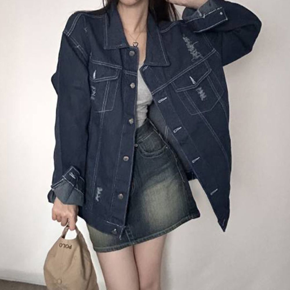 여성 빈티지 찢어진 청자켓 1P 캐주얼 데님 외투 패션