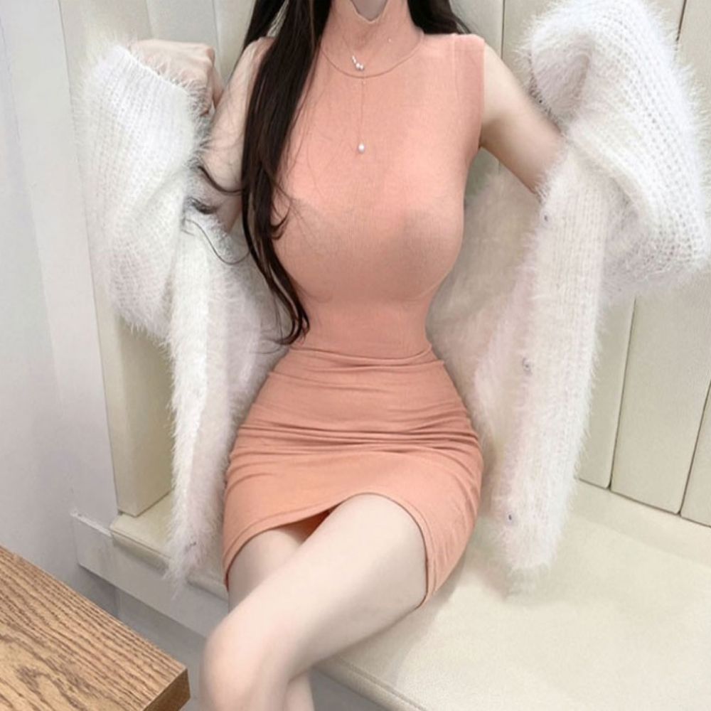 여성 3컬러 하프넥 H라인 민소매 스판 미니원피스