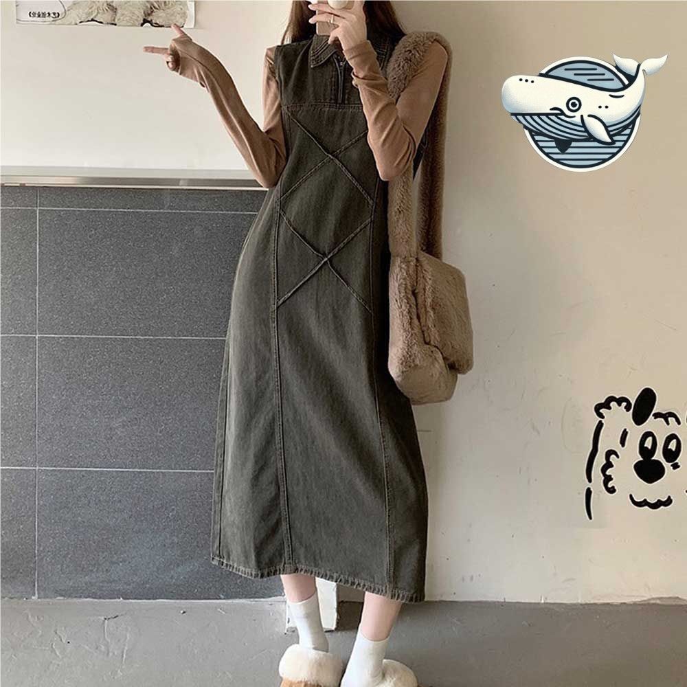 빈티지 스타일 데님 민소매 롱 원피스 캐주얼
