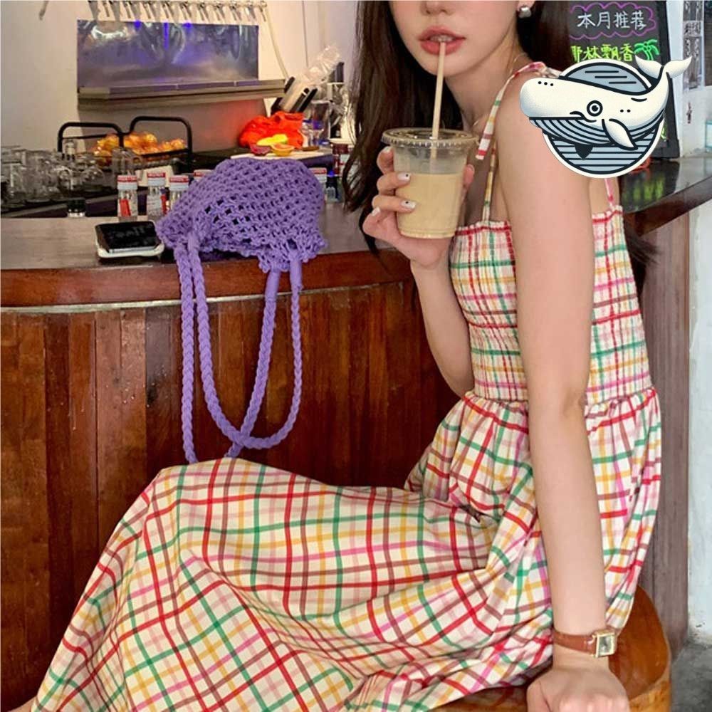 여름 체크 원피스 끈나시 스모크밴딩 플레어