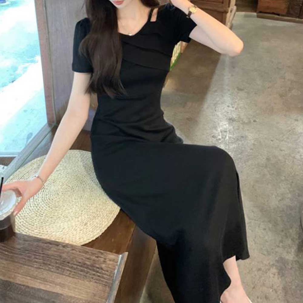 편한 슬림핏 롱원피스 블랙 셔링 데일리 데이트 코디