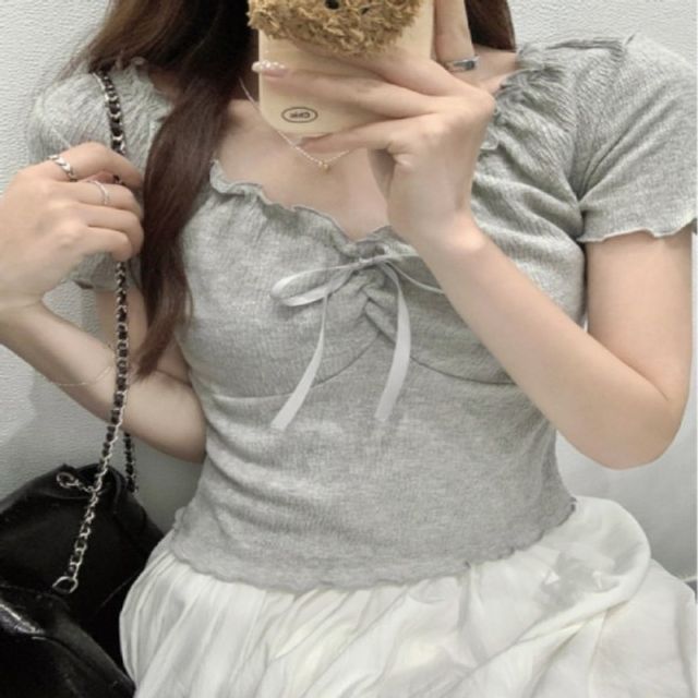리본 셔링 포인트 기본 세미 데이 크롭 반팔 블라우스