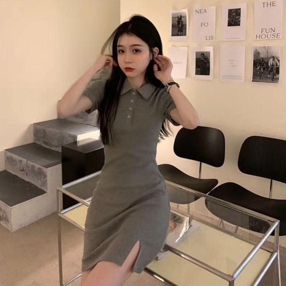 여자 4컬러 러블리 여름 카라 반팔 밑트임 미니원피스