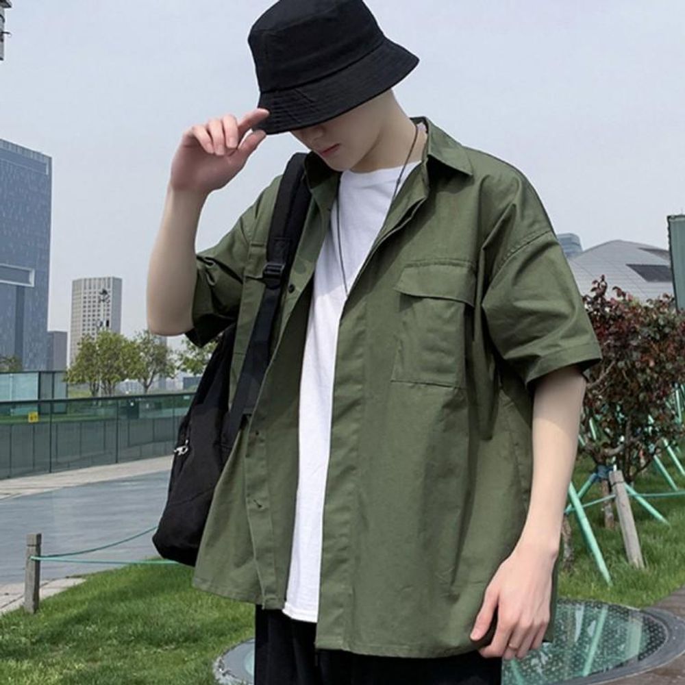 오버핏 인기 캐주얼 남자 반팔 여름 남방 포켓 와이