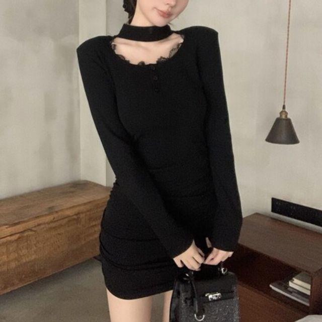 하객룩 데이트룩 힙라인 레이스 단추 원피스