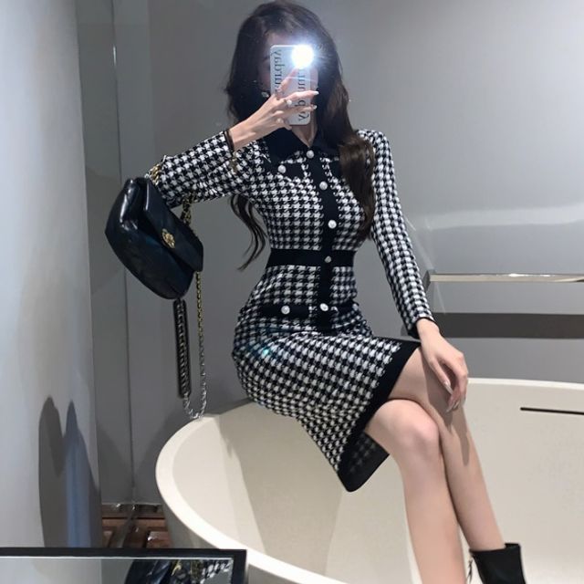 배색카라 블랙 체크무늬 고급패턴 원피스