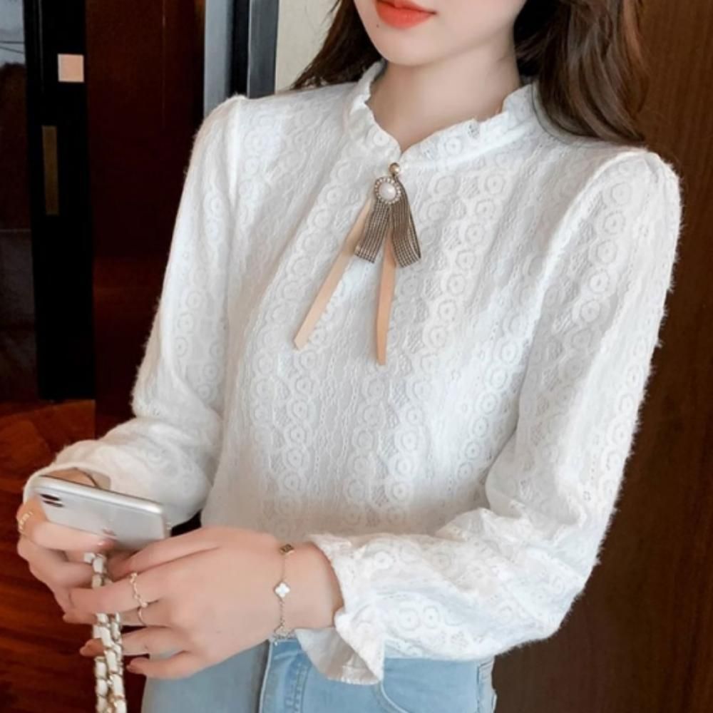 레이스 블라우스 반목 여성 봄 프릴 미니보타이