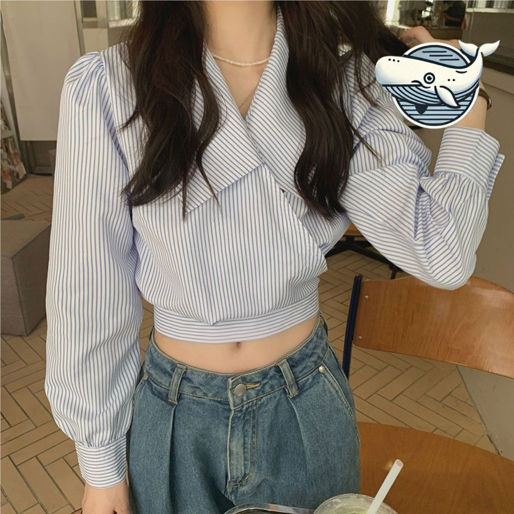 여성 스트라이프 크롭셔츠 빅카라 허리비조