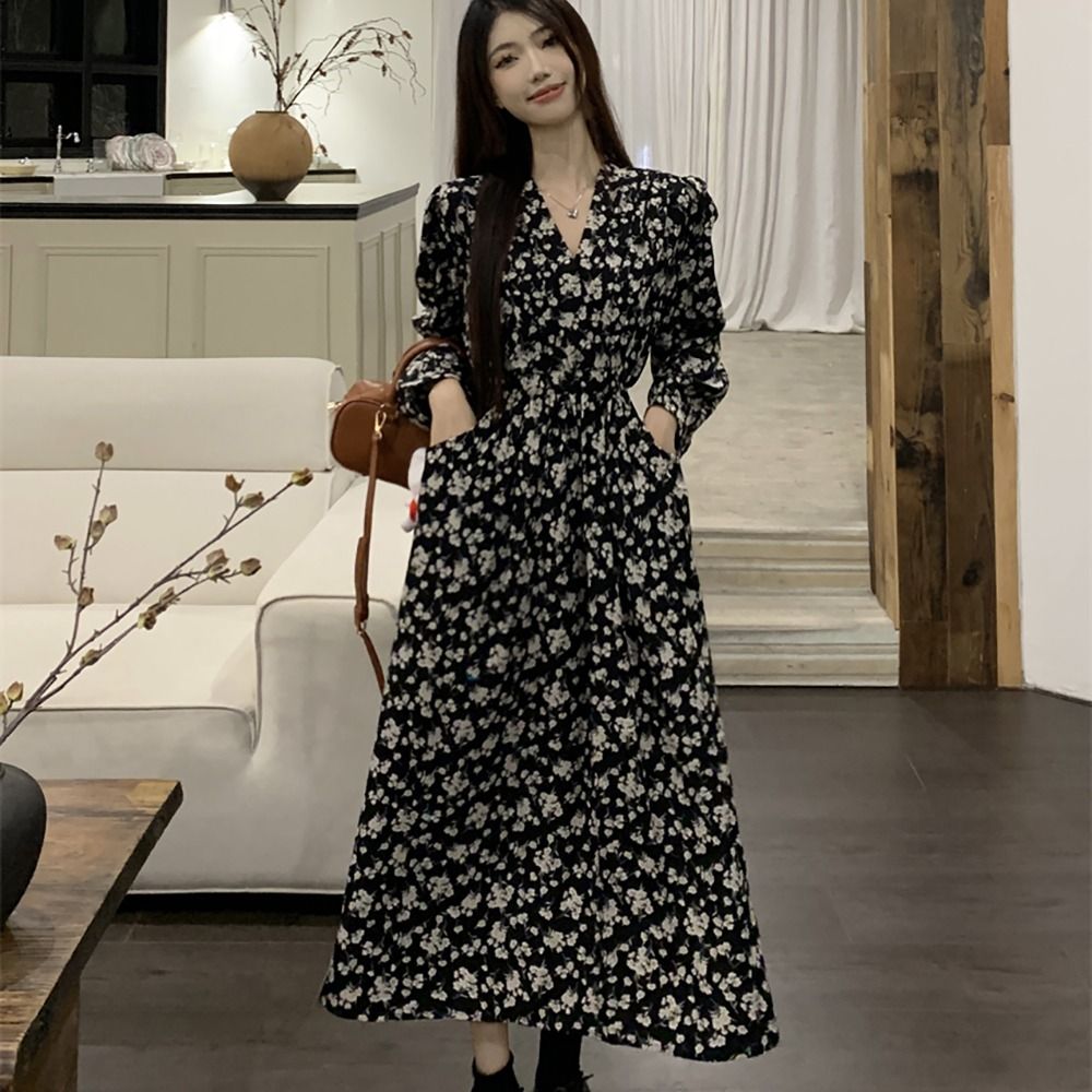 여성 A라인 플라워 브이넥 스프링 롱 원피스