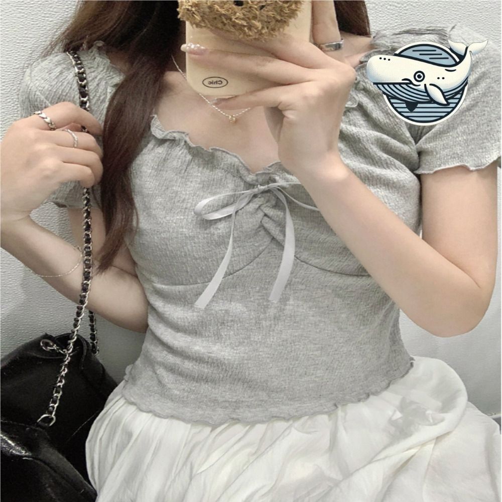 여성 세미 크롭 반팔 블라우스 리본 포인트