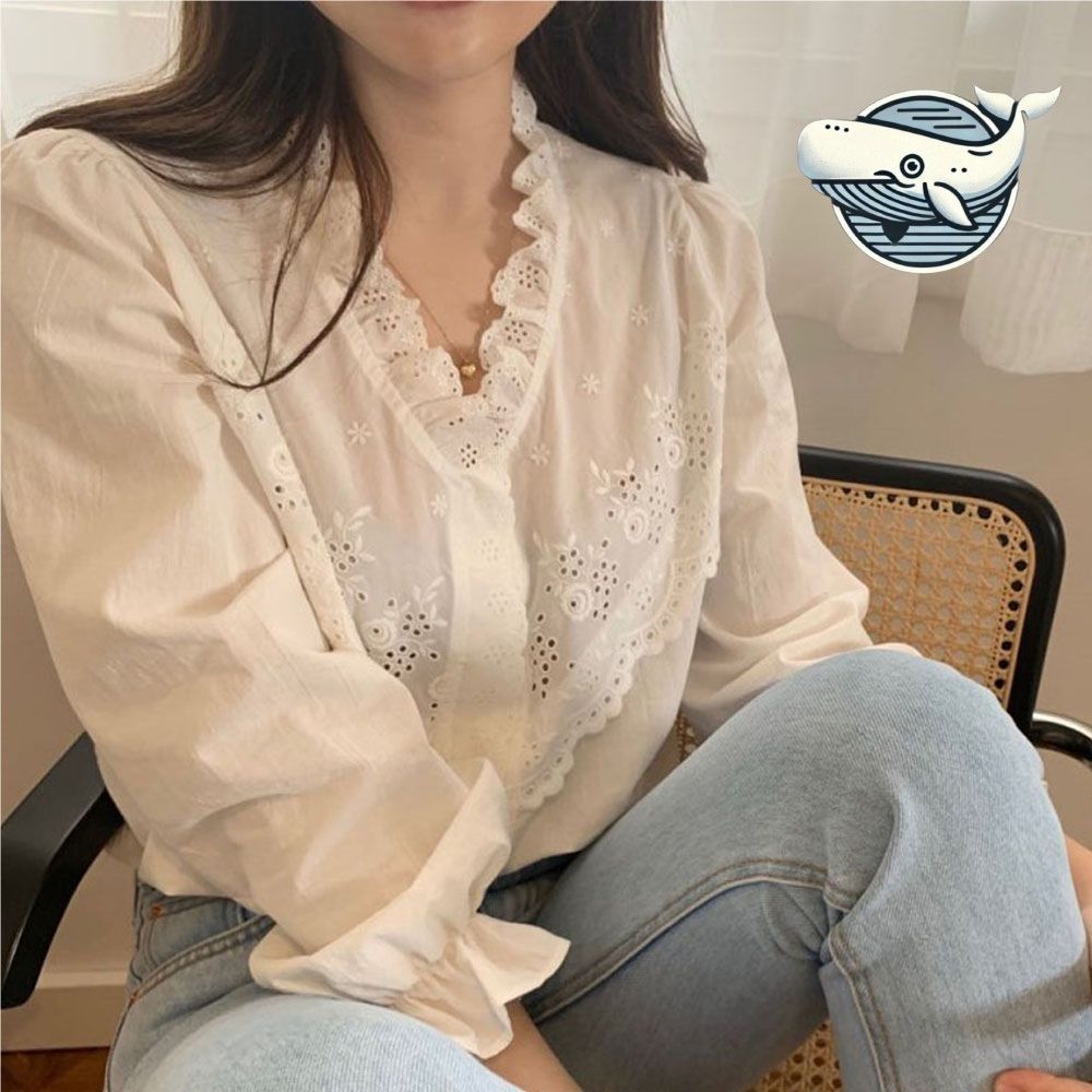 러플넥 펀칭 자수 블라우스 청바지 세트 여성
