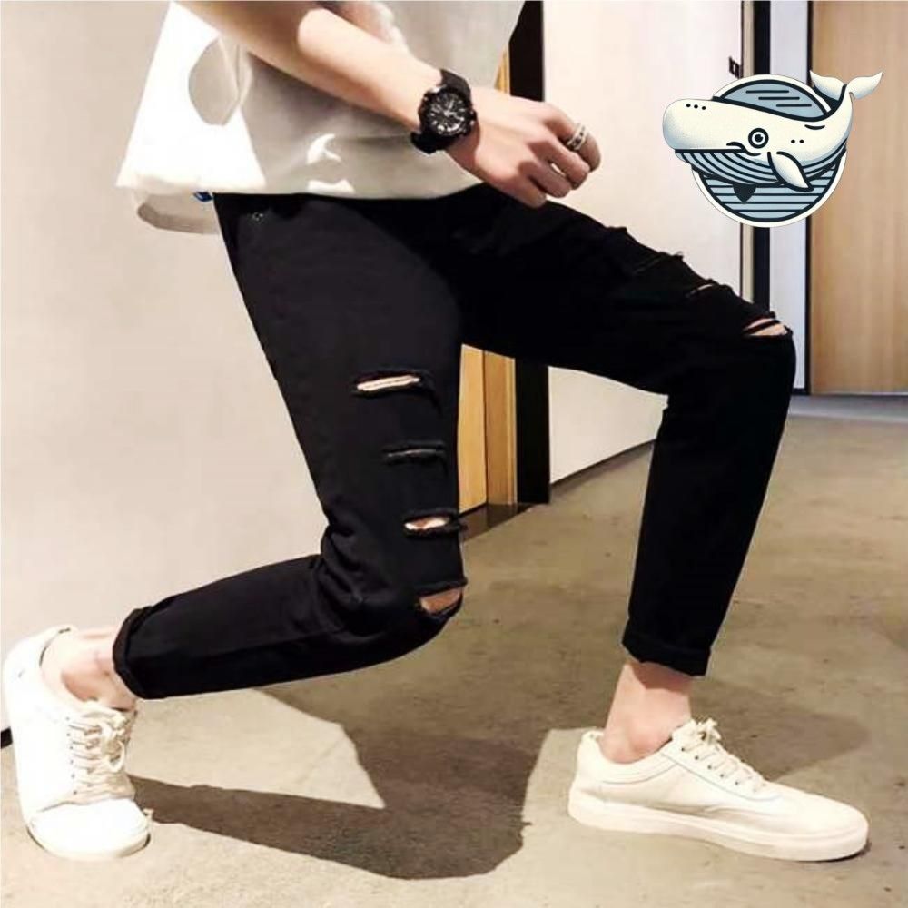 트렌디 남자 블랙 컷팅진 캐주얼 스트레이트