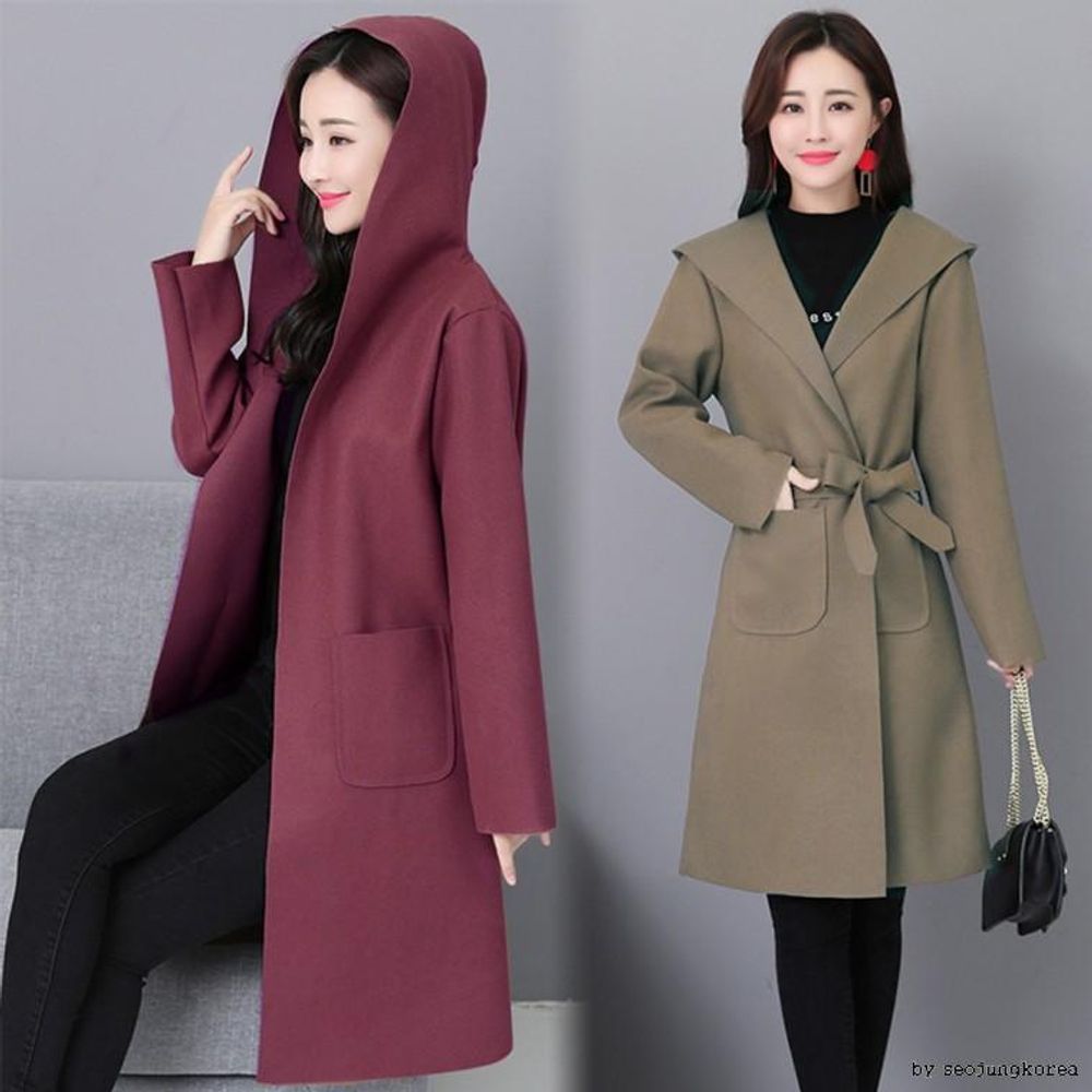 벨티드 가을 여자 코트 자켓 원피스 롱 후드 여성 가