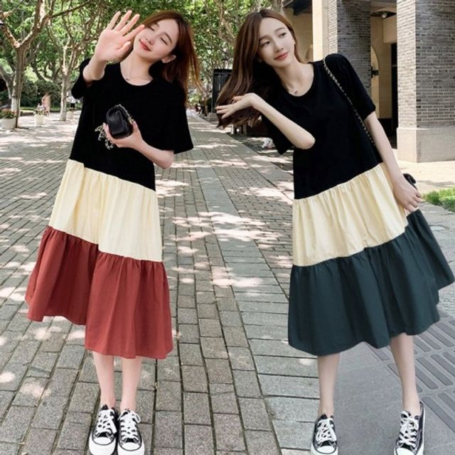 A라인 반팔 배색 기본 원피스 데이