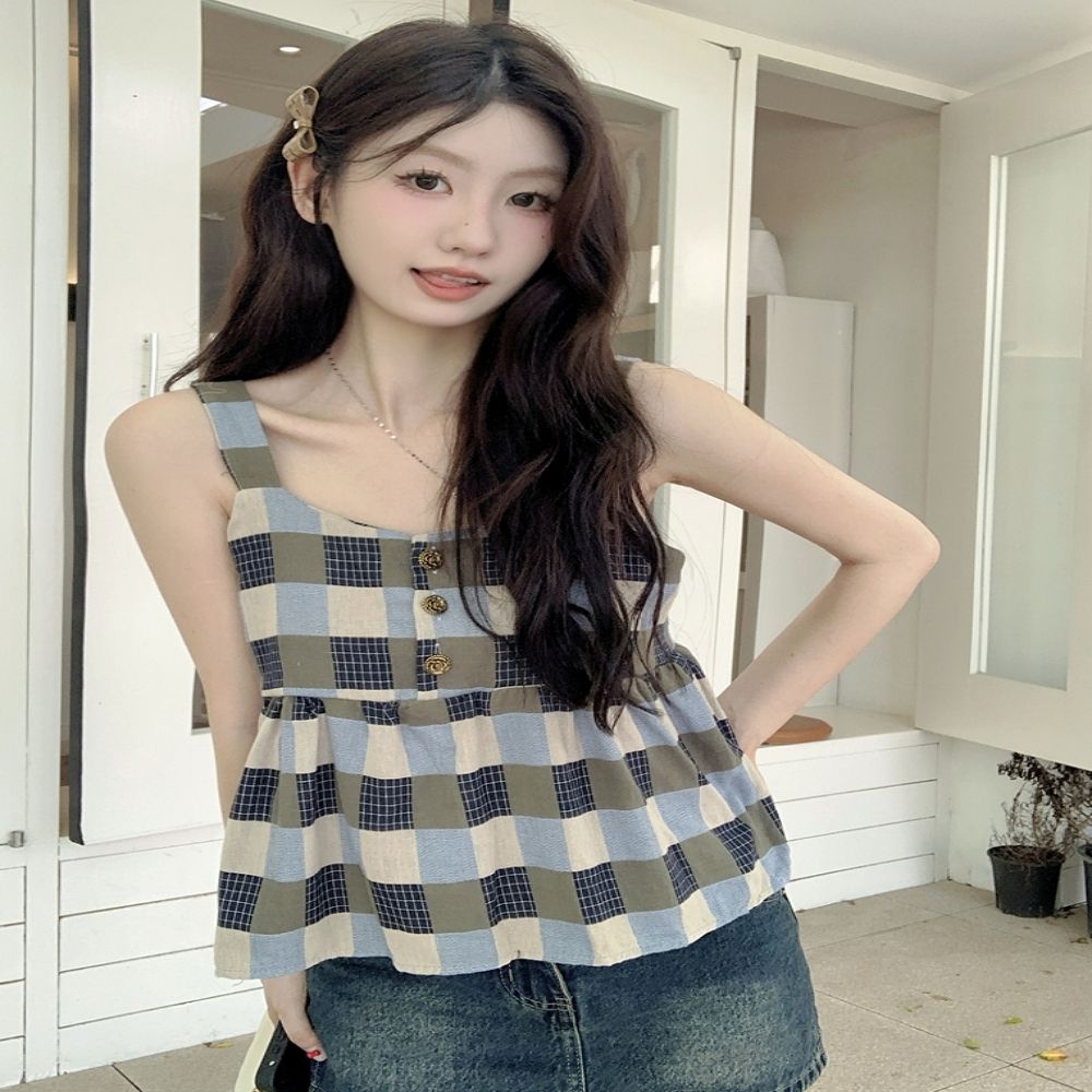 여성 썸머 체크 민소매 플레어 블라우스 나시 탑