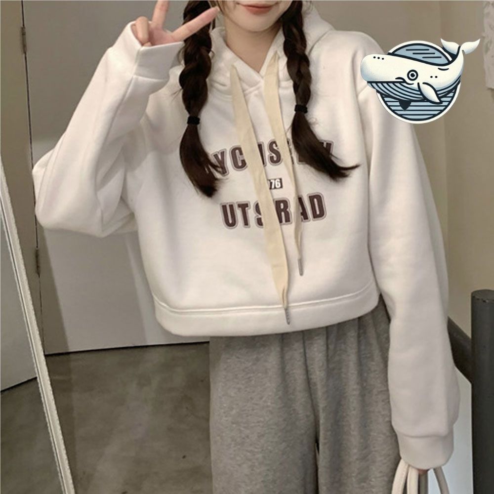 따뜻한 기모 후드 크롭 티셔츠 레터링 캐주얼