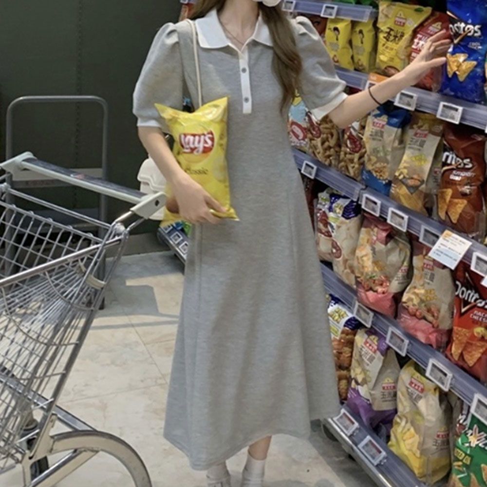 카라 배색 반팔 롱원피스 셔링 퍼프 소매 홈웨어룩