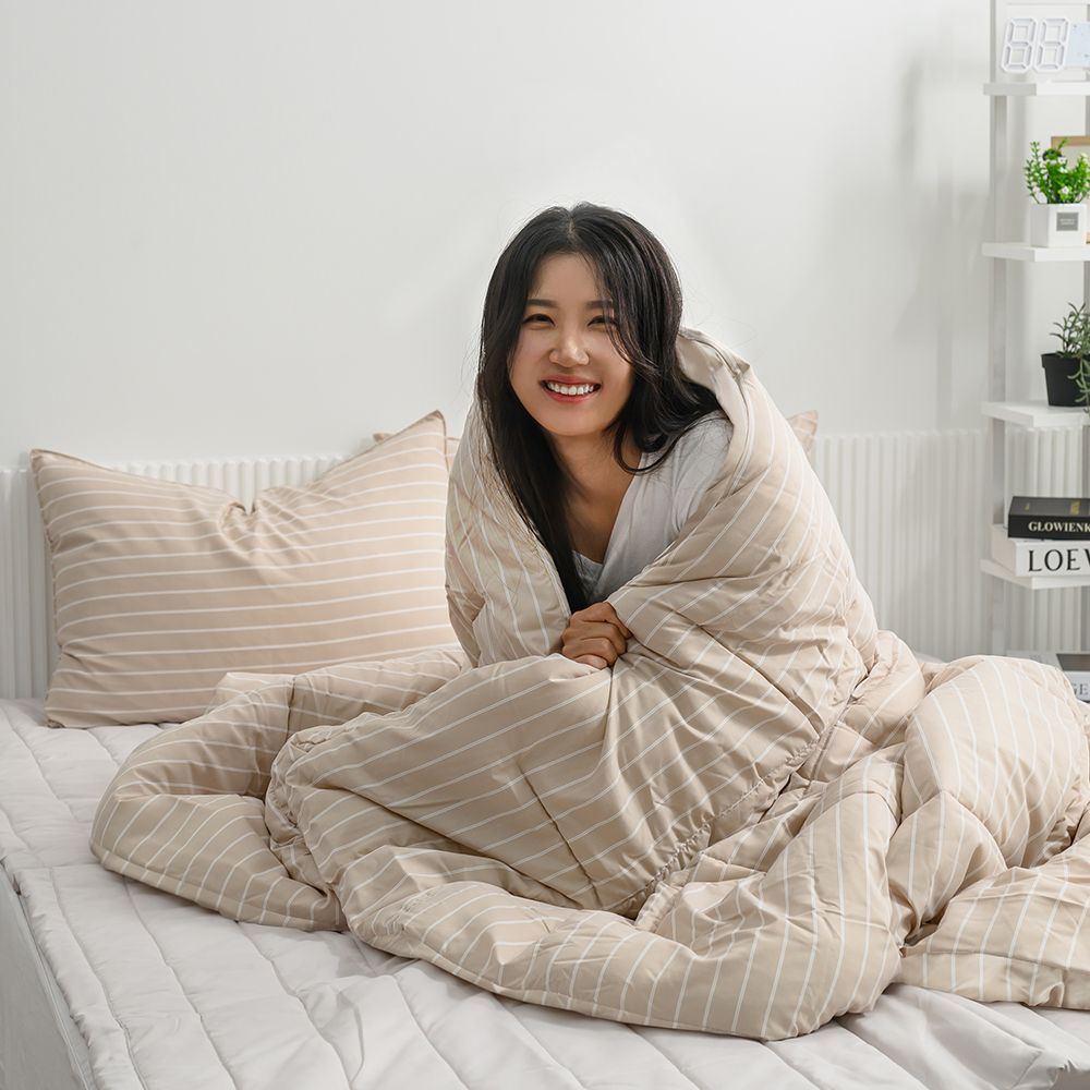 잠트리 클래식 스트라이프 차렵 이불베개세트 베이지
