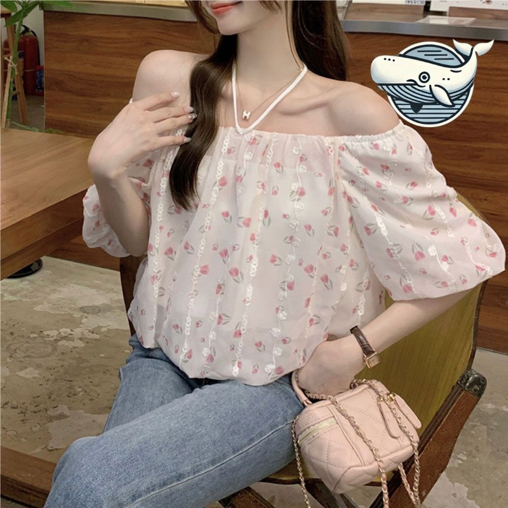 여성 여름 크롭 블라우스 플라워 자수 벙벙