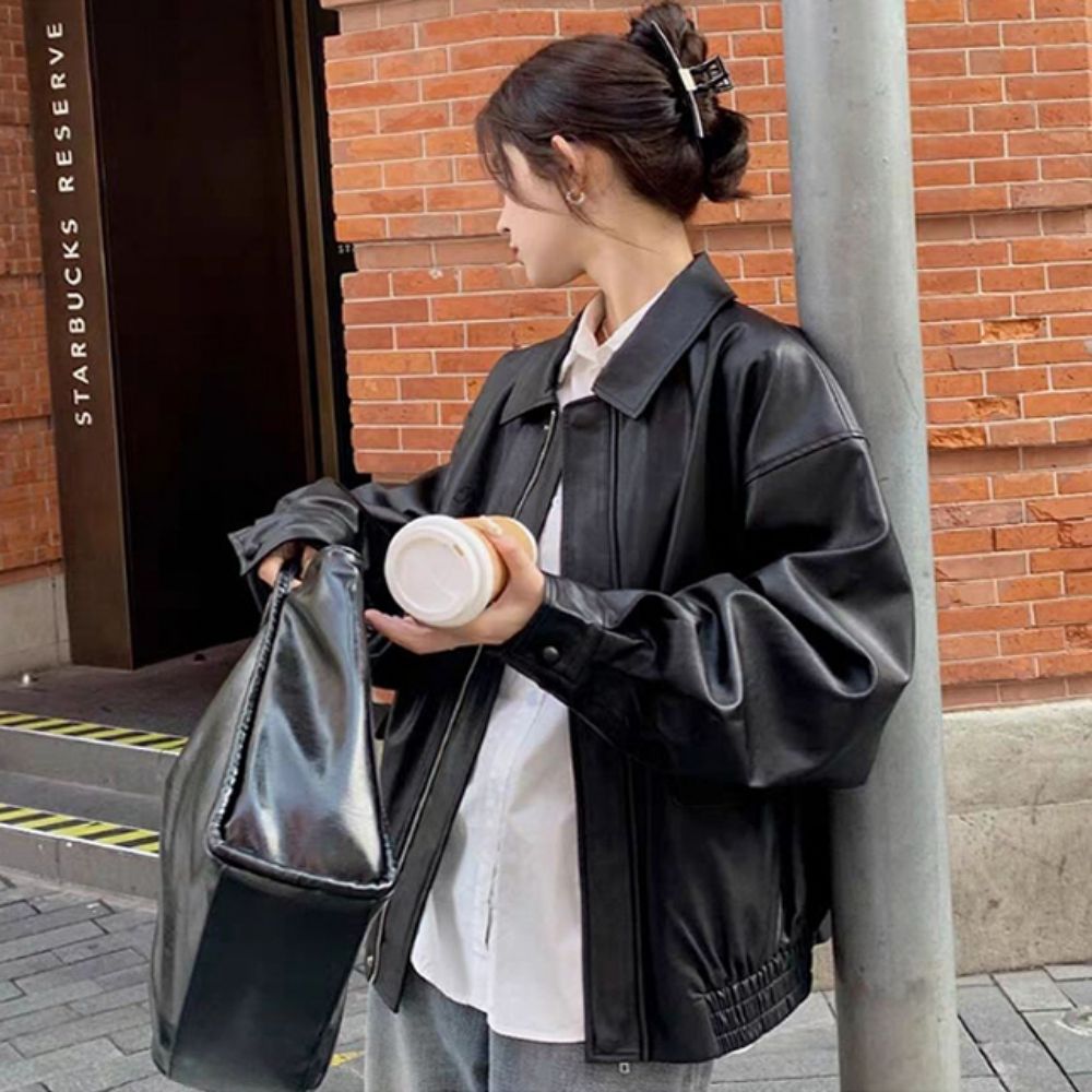 여자 데일리 오버핏 카라 집업 레더 자켓 E68