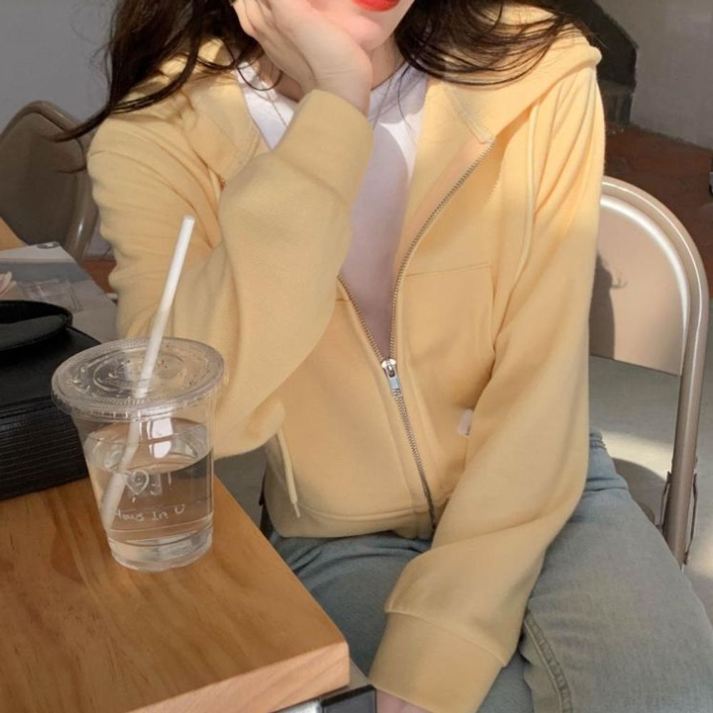 여성 세미 크롭 베이직 후드 집업 4컬러 머스타드
