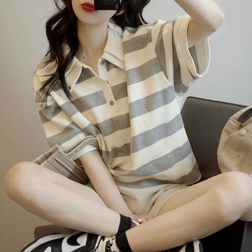 20대 30대 귀여운 여자 스타일 더블 카라 반팔티