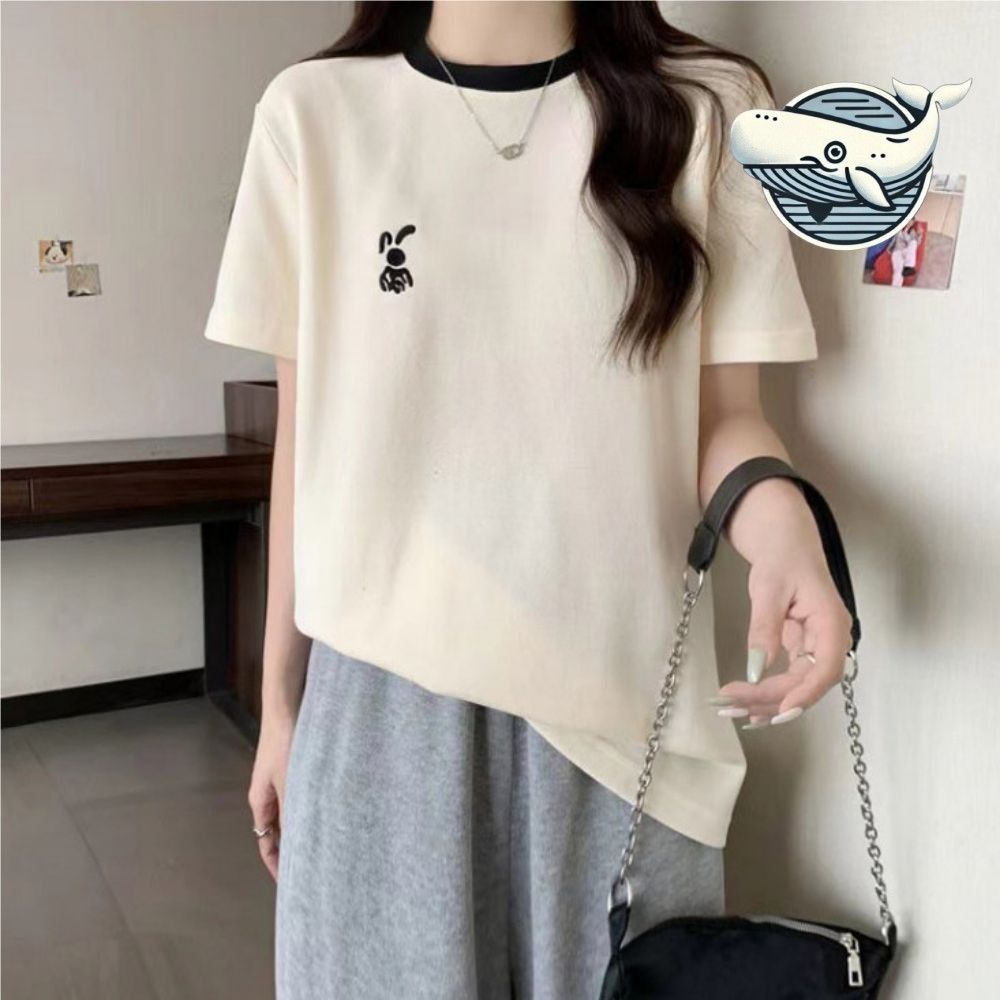 깔끔한 귀여운 토끼 자수 반팔 티셔츠 데일리