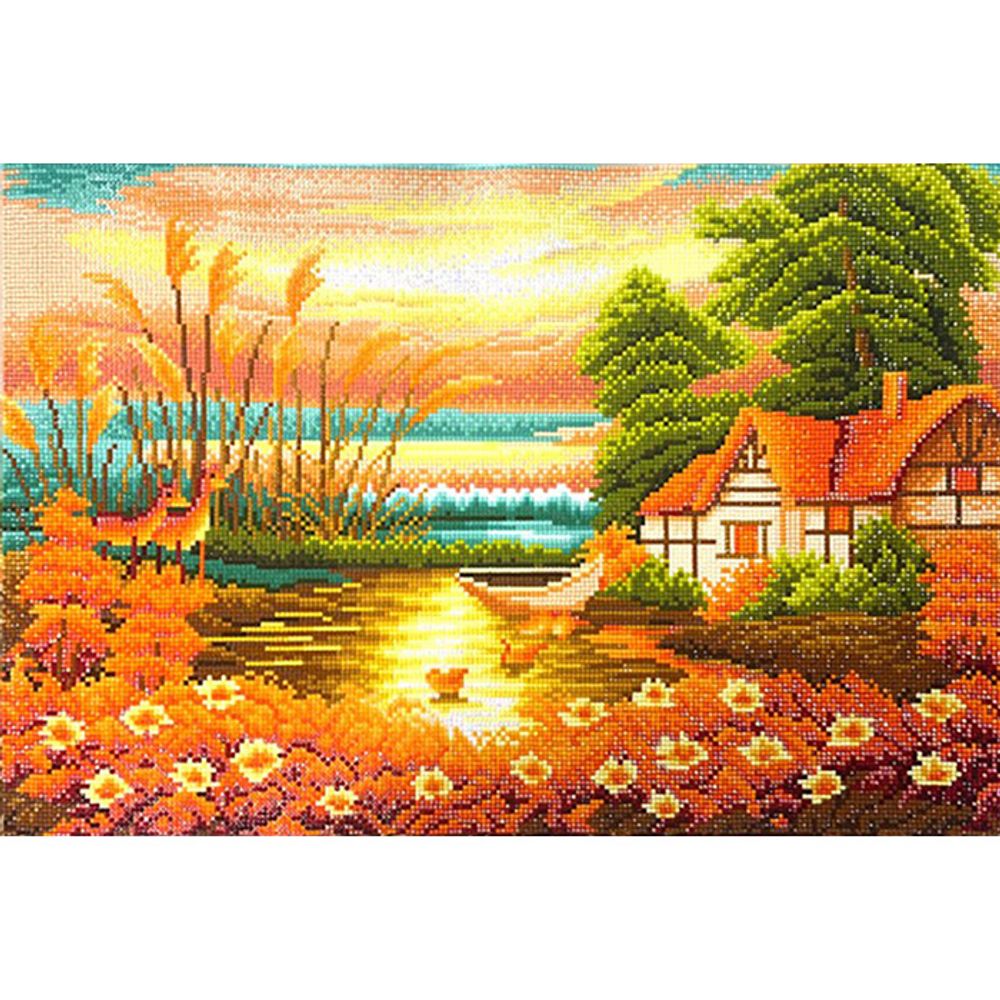 노을진 호숫가 마을 (패브릭형) 보석십자수 40x60