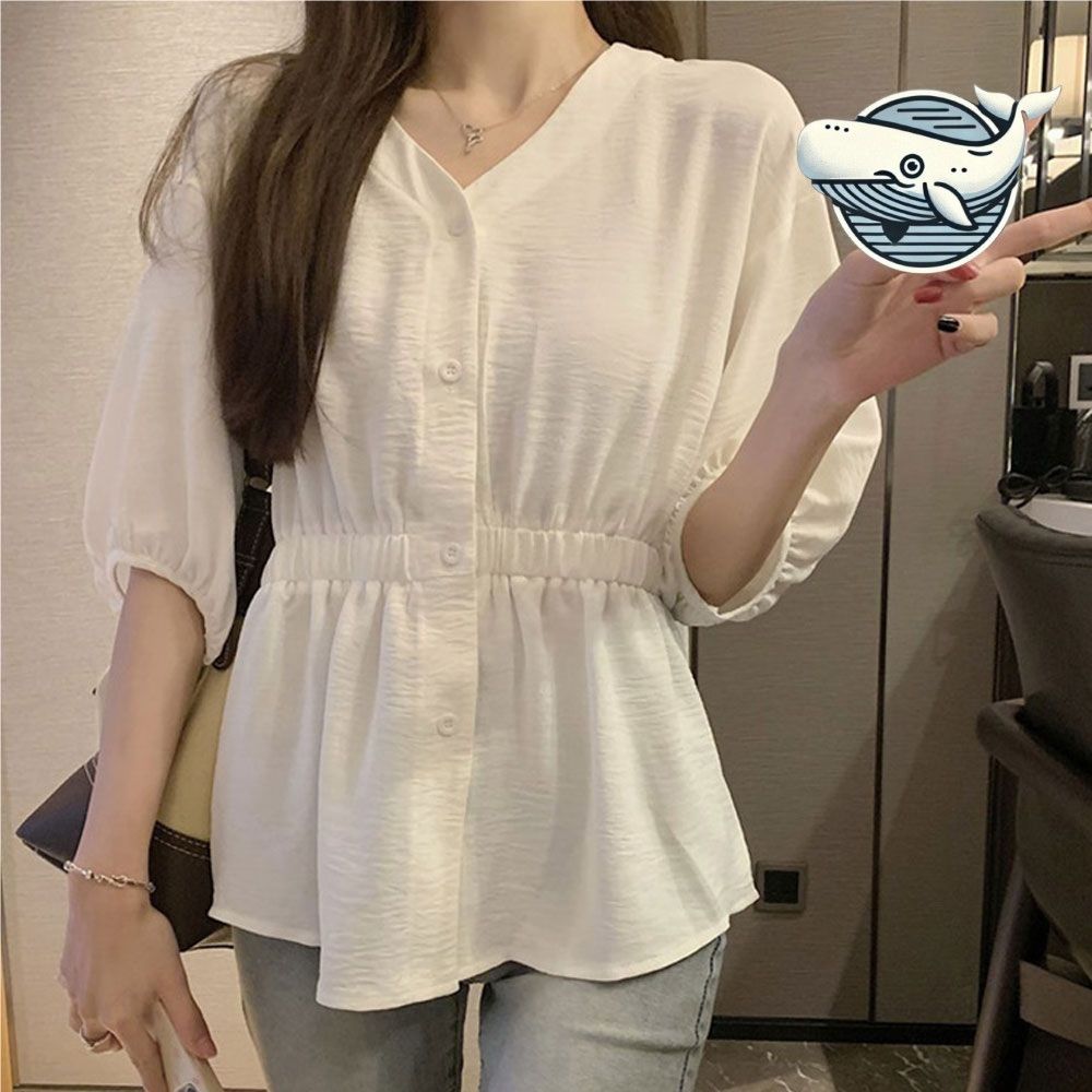 캐주얼 데이트룩 브이넥 허리밴딩 반팔 블라우스