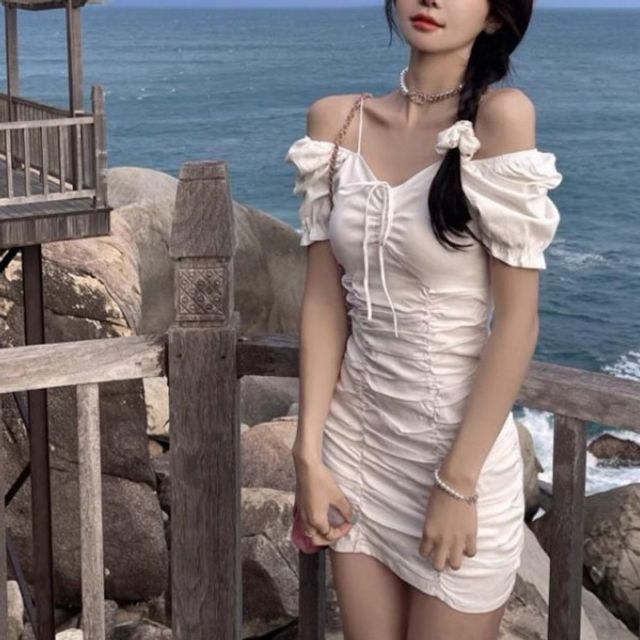 주름 원피스 퍼프 기본 오프숄더 데이 여름 미니 원피