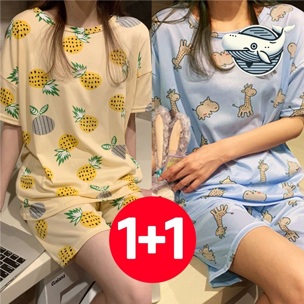 여성 여름 편안한 반팔 잠옷 2개 파인애플